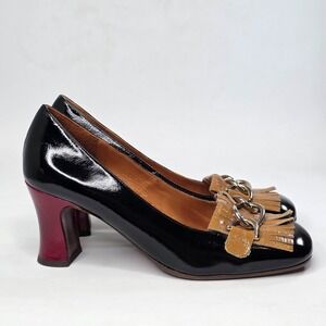 Chie Mihara Women's Square Toe Block Heel Pumps Black Shoes Size 7.5 EU 38 Rare